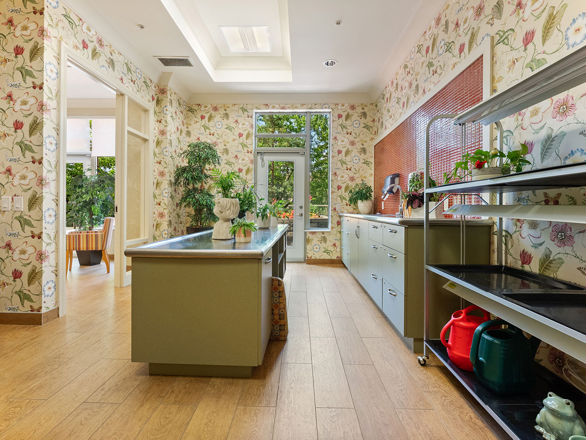 A well-equipped kitchen in the green room of Walden Circle Retirement Home, highlighting a sink and spacious countertop.