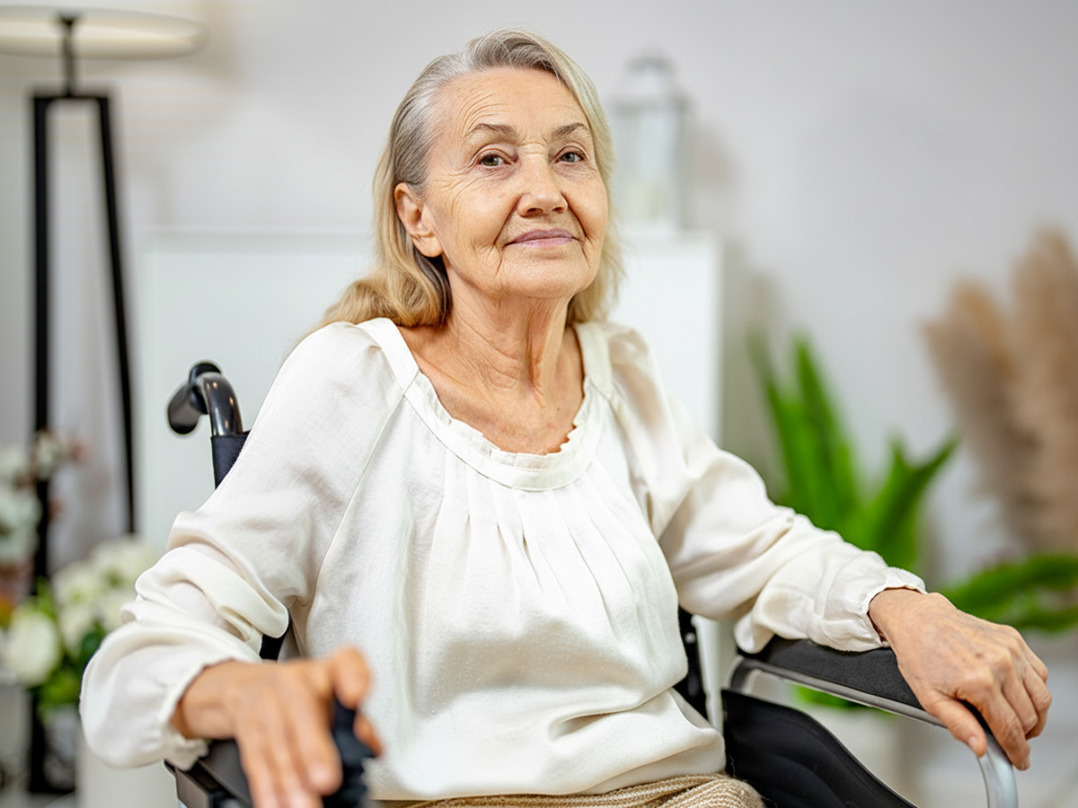 A senior woman seated in a wheelchair at Walden Circle Retirement Home, looking content and engaged in her environment.
